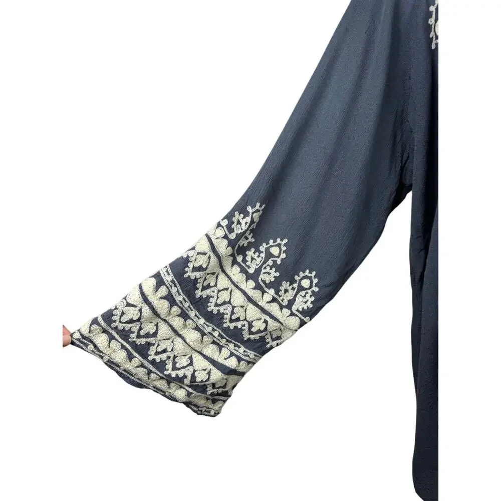 Embroidered Navy Open-Front Women's Swim Coverup Kimono - Picture 3 of 10